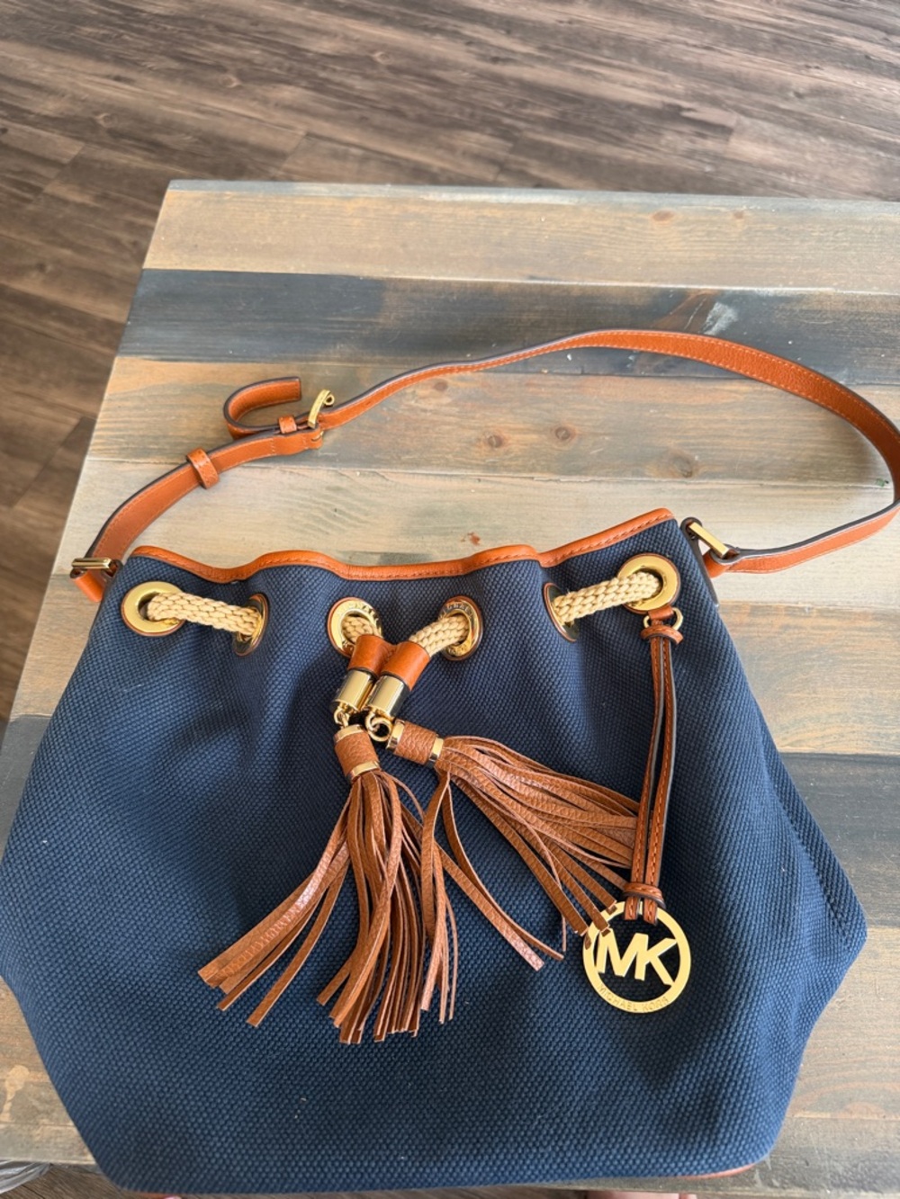 Michael Kors Navy Canvas Bucket Bag with Brown Leather Trim and Tassels